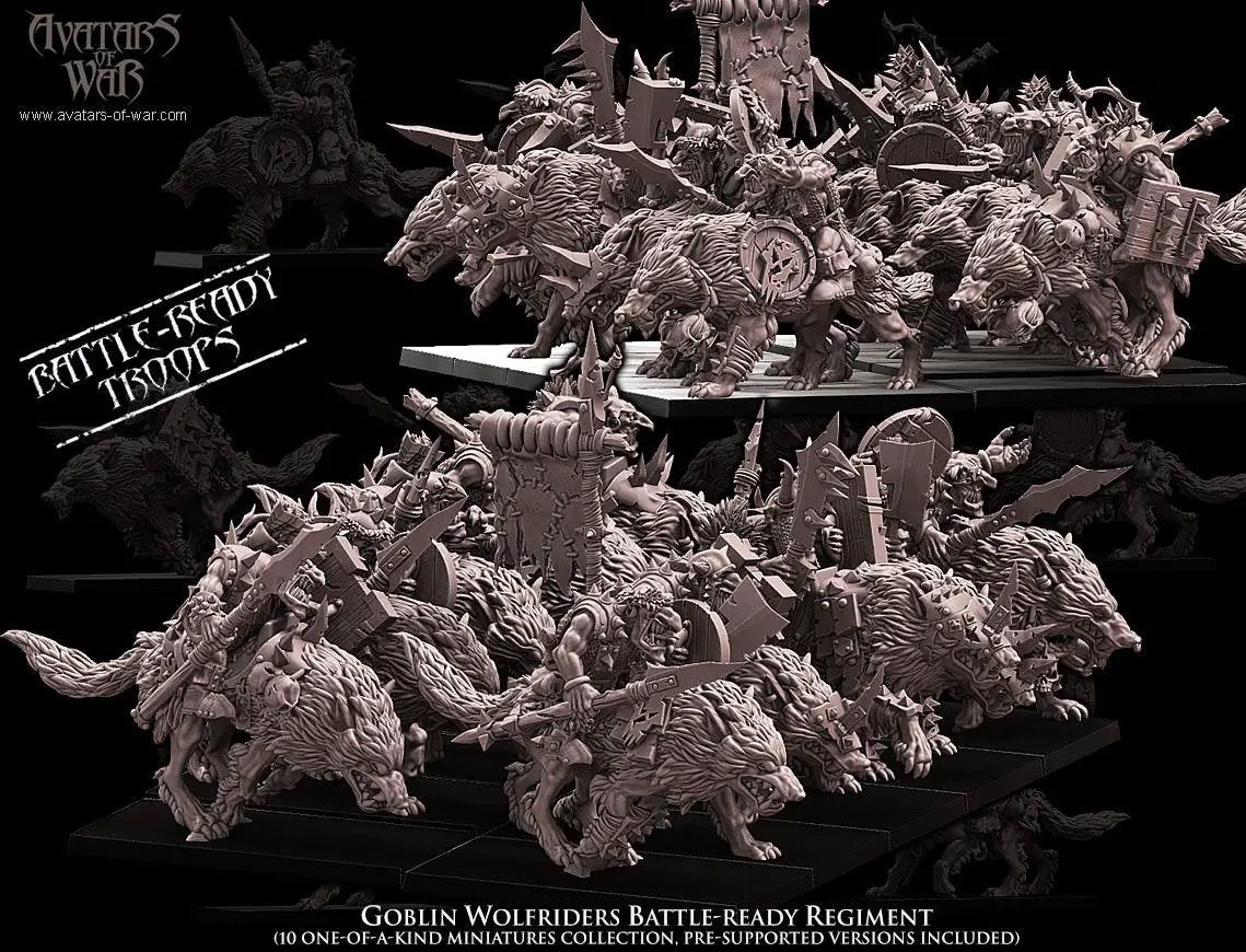 3D printed Goblin Wolfrider Battle-Ready Regiment by Last Hope Miniatures for Avatars of War, featuring detailed goblin figures with weapons.