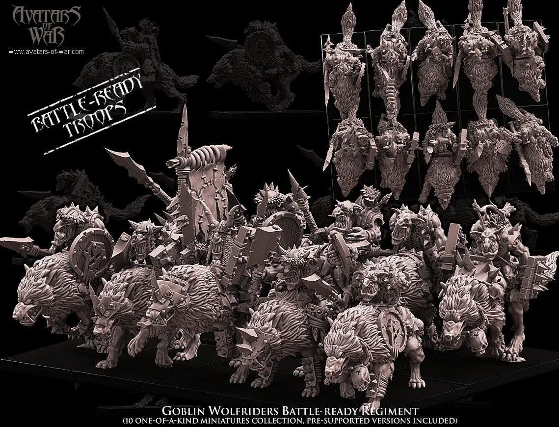 3D printed Goblin Wolfrider Battle-Ready Regiment by Last Hope Miniatures, featuring detailed goblin warriors on wolves.