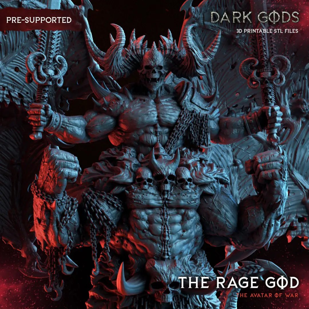 3D printed God of Rage miniature by Dark Gods Miniatures, showcases detailed dark fantasy figure with fierce expression and intricate armor.