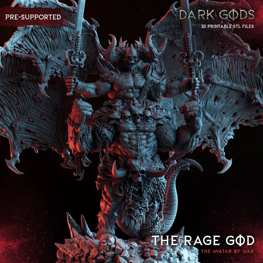 3D printed God of Rage miniature by Dark Gods Miniatures, detailed dark fantasy figure on a textured base.