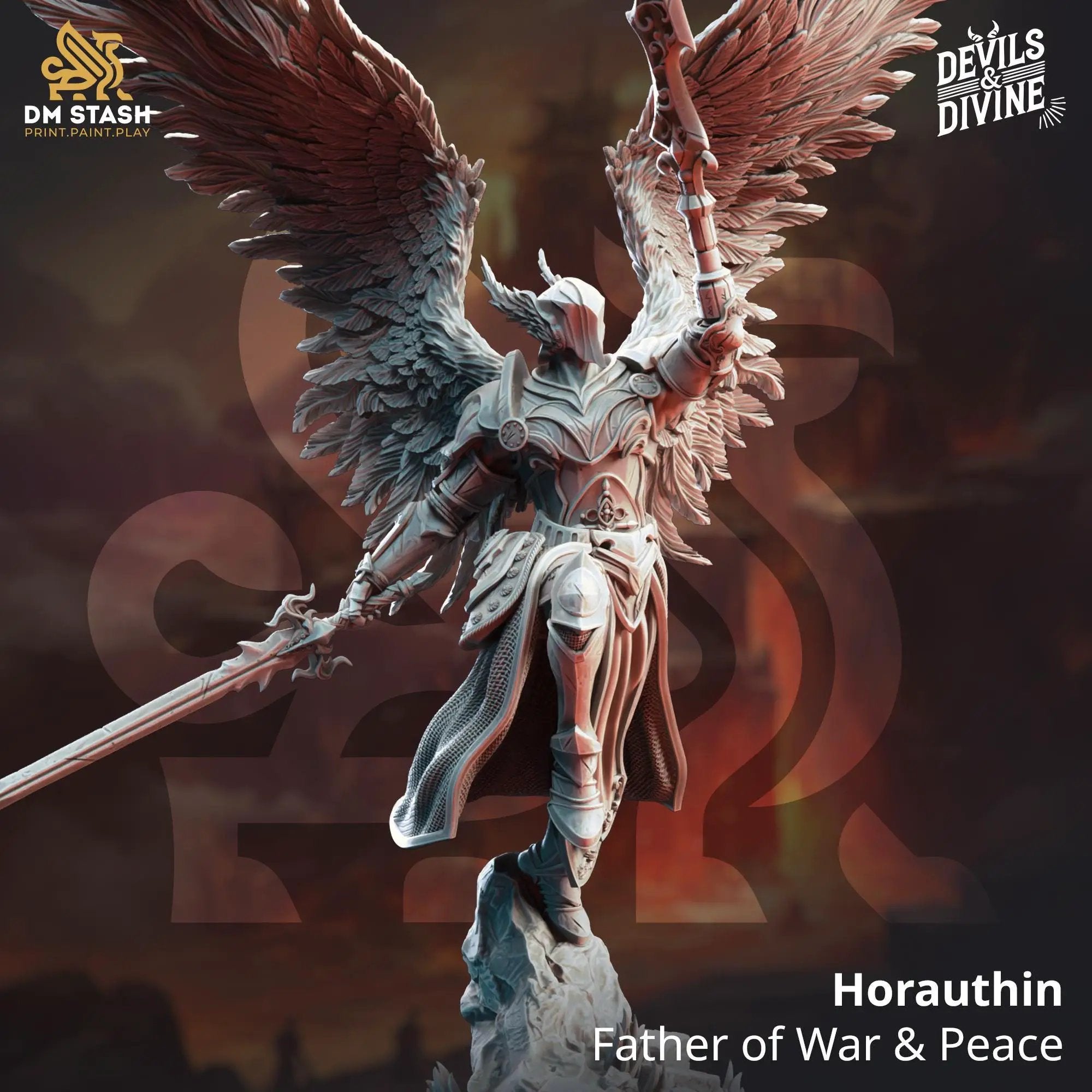 3D printed miniature of the God of War and Peace by Last Hope Miniatures, featuring detailed warrior and angelic figures.