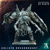 3D printed Goliath Dreadnought miniature by Last Hope Miniatures for Archvillain Games, detailed model in gray resin.