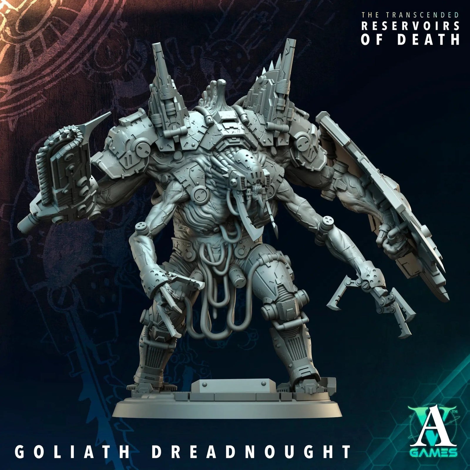 3D printed Goliath Dreadnought miniature by Last Hope Miniatures for Archvillain Games, detailed model in gray resin.
