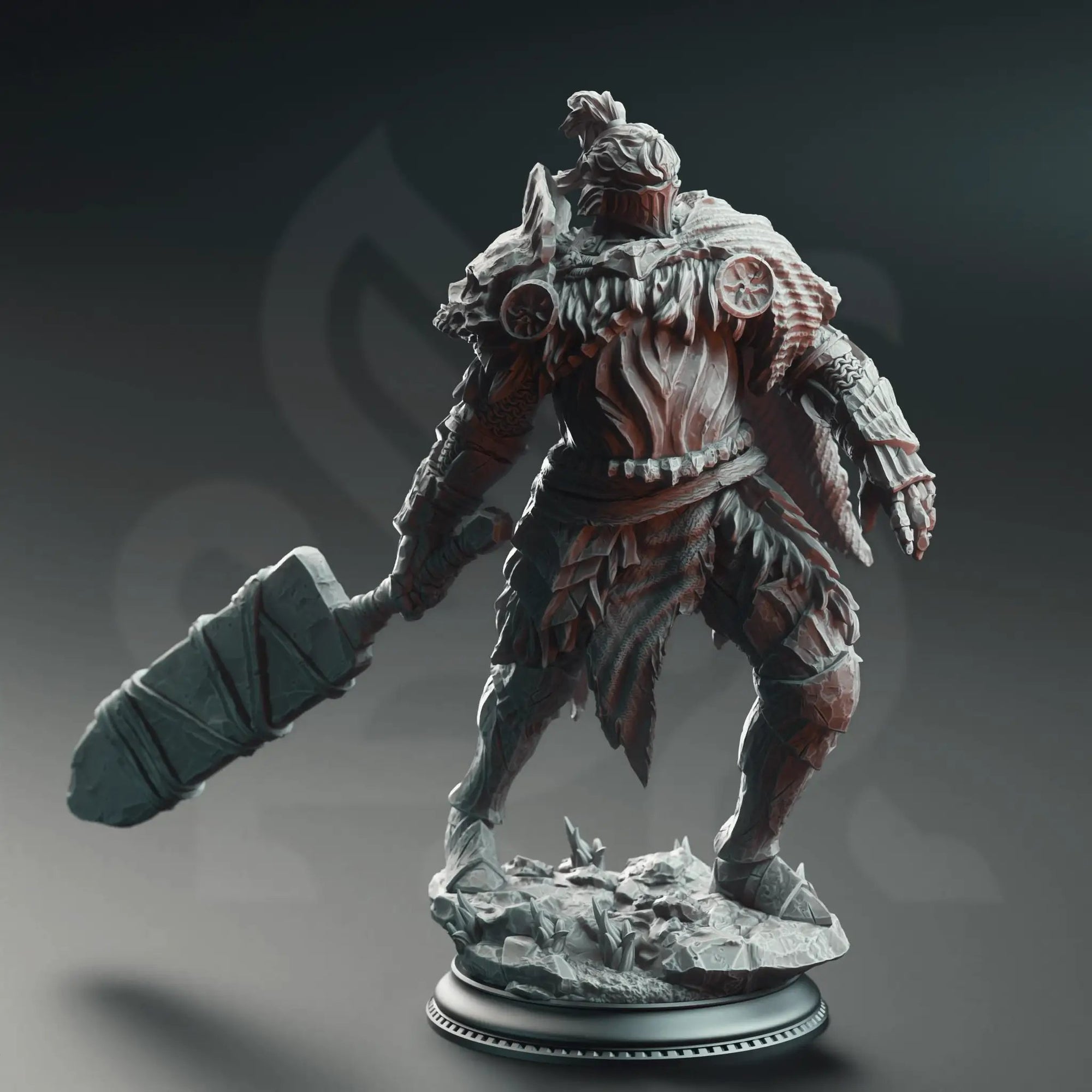 3D printed Goliath Knight Executioner miniature by Last Hope Miniatures for DM Stash, showing detailed armor and weaponry.