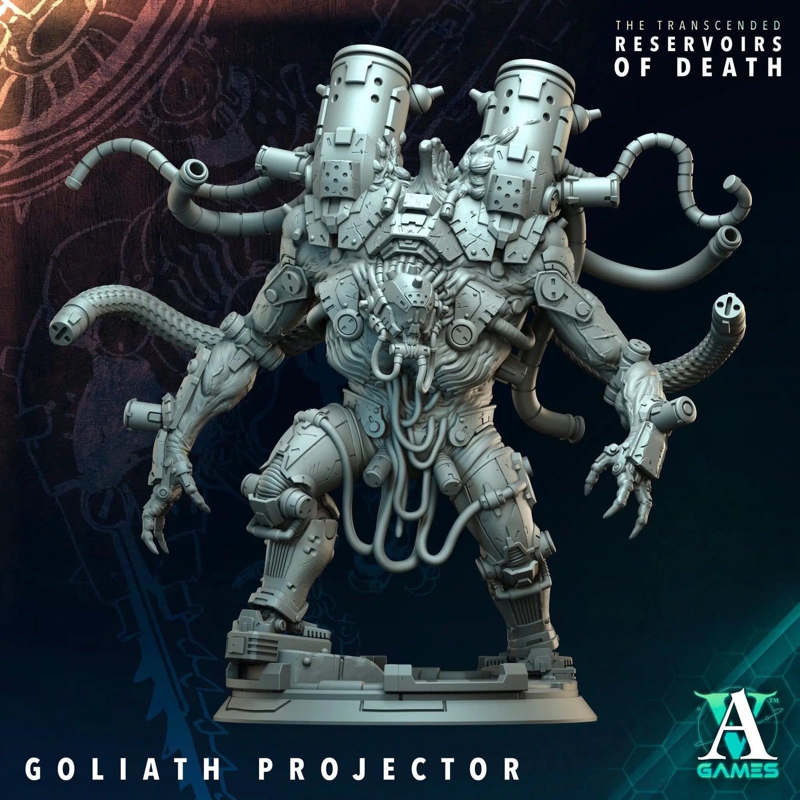 3D printed Goliath Projector miniature from Last Hope Miniatures by Archvillain Games, detailed model on a textured base.