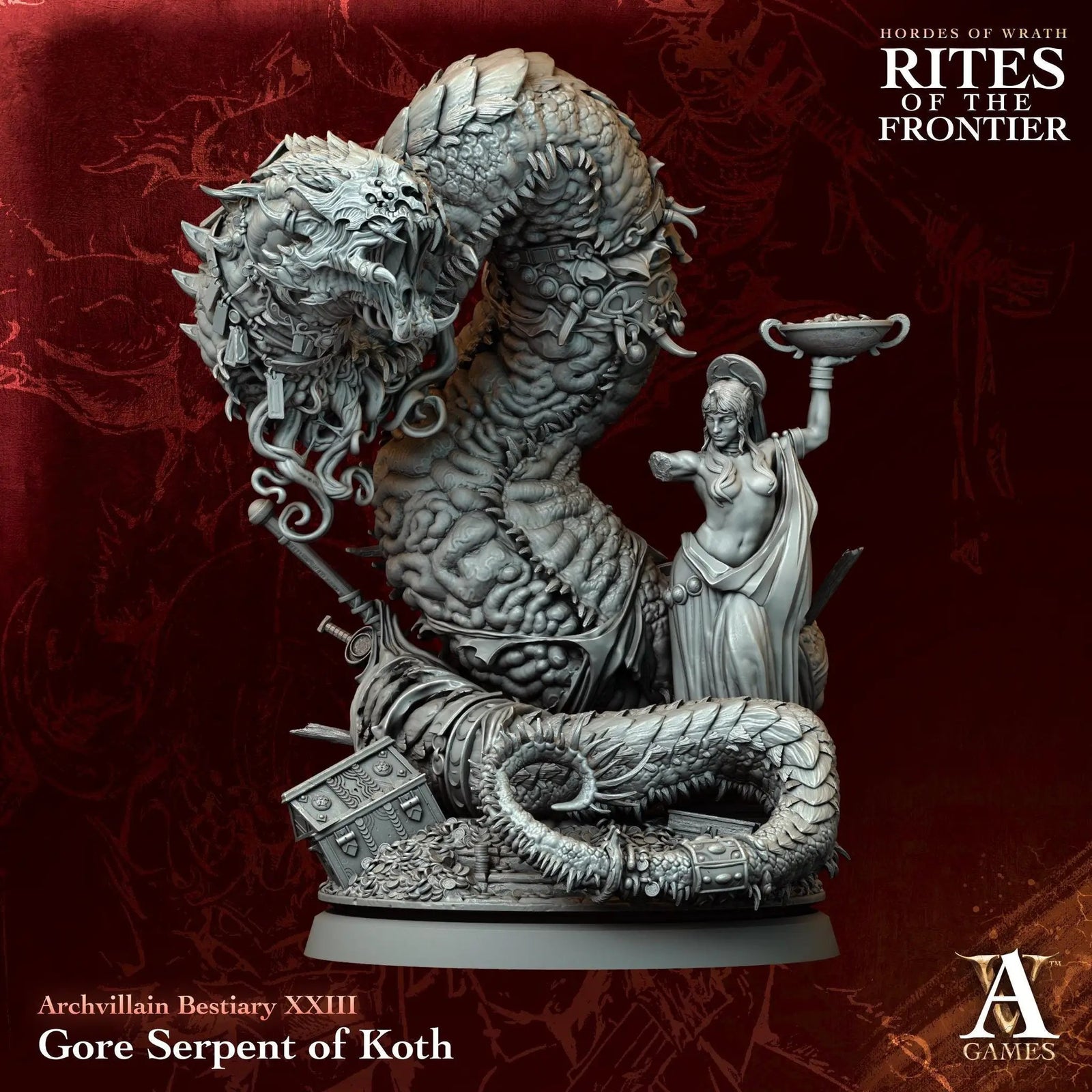 3D printed Gore Serpent of Koth miniature by Last Hope Miniatures, detailed serpent creature from Archvillain Games in gray resin.