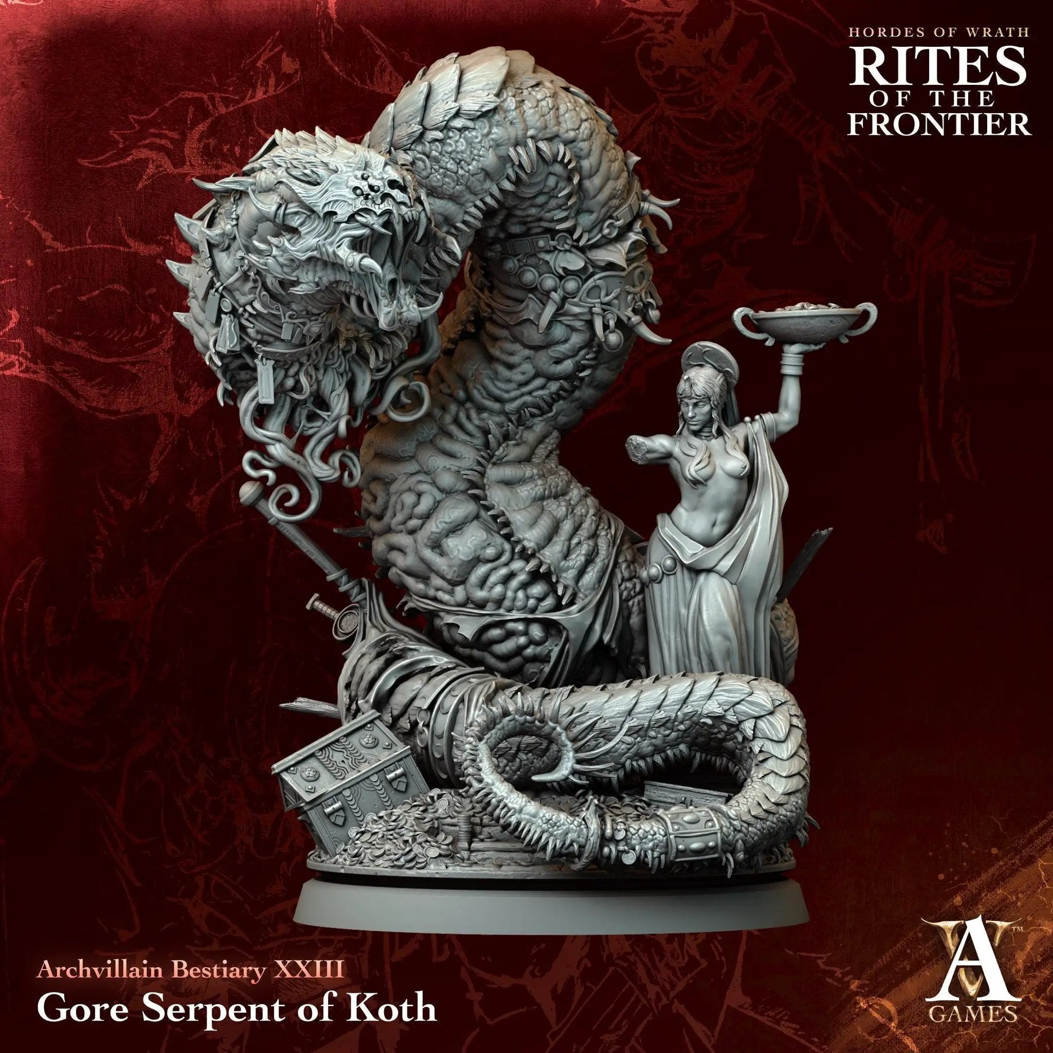 3D printed Gore Serpent of Koth miniature by Last Hope Miniatures, detailed serpent creature from Archvillain Games in gray resin.