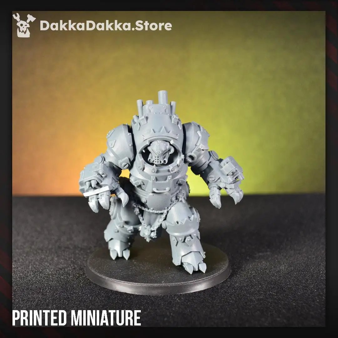 3D printed Gorgwork Mechdread by DakkaDakka Miniatures, detailed sci-fi mechanical robot with intricate armor and weaponry.