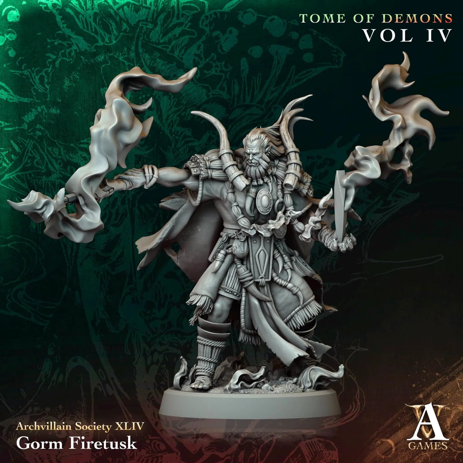 3D printed Gorm Firetusk miniature by Last Hope Miniatures, featuring detailed dragon-like creature with fiery design.
