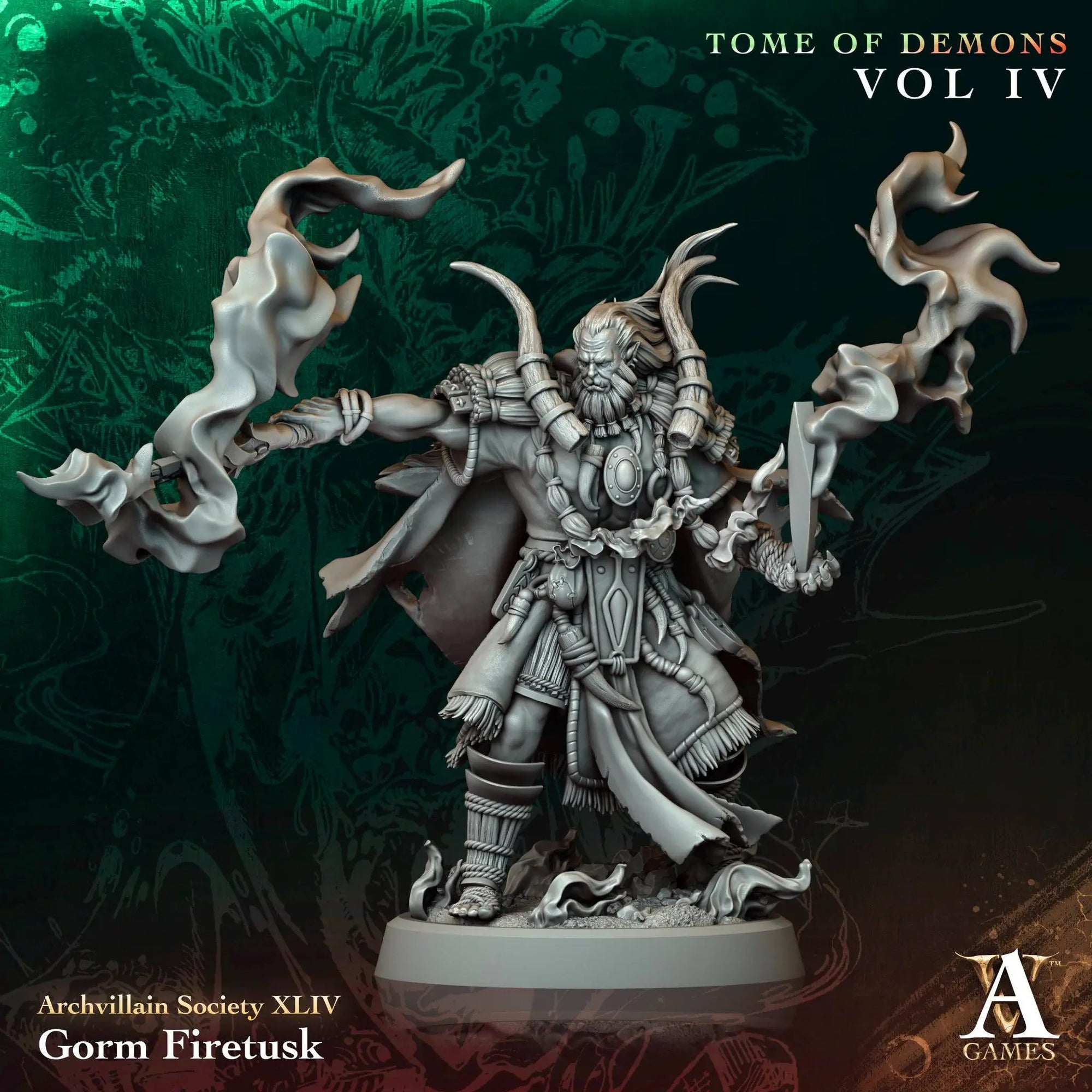 3D printed Gorm Firetusk miniature by Last Hope Miniatures, featuring detailed dragon-like creature with fiery design.
