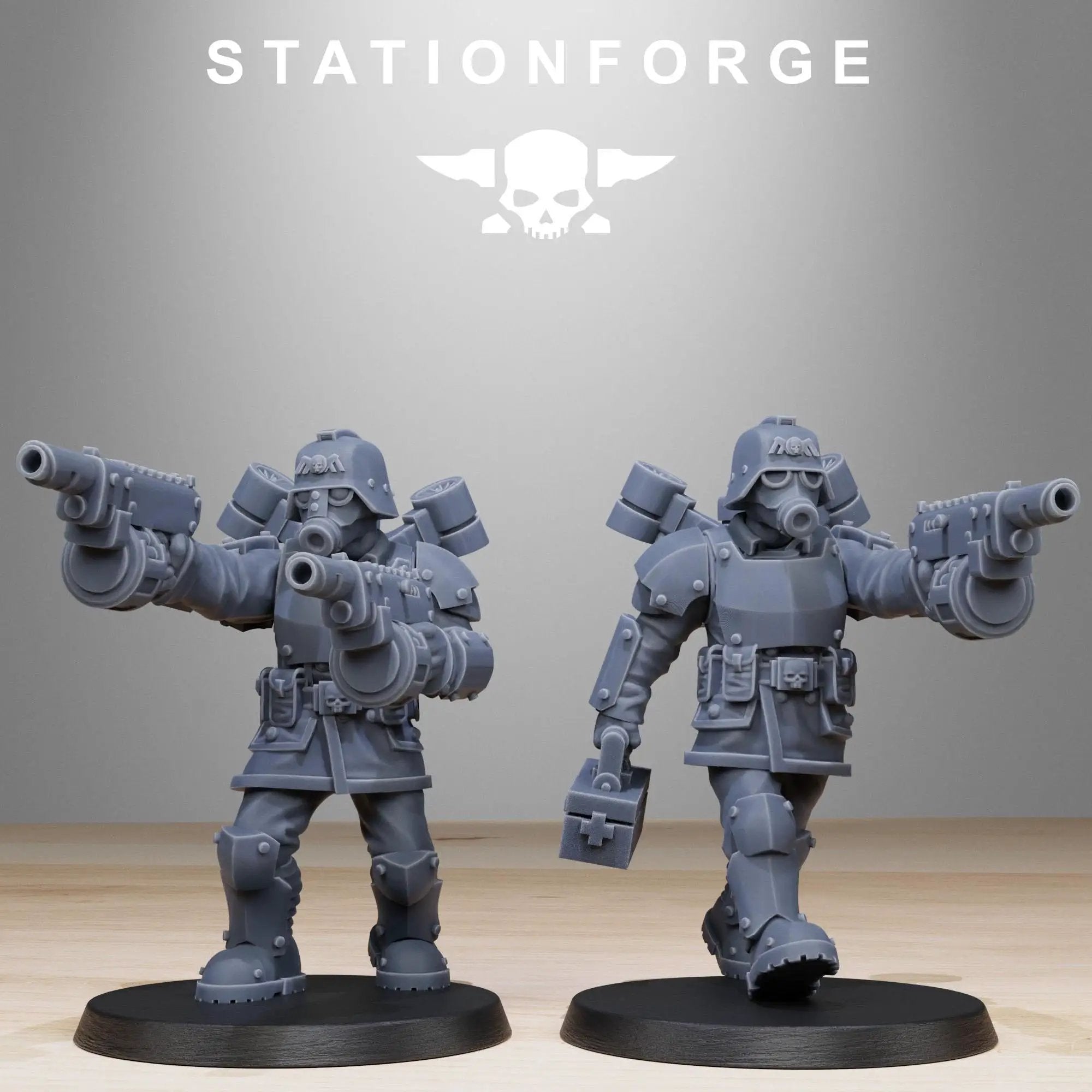 3D printed GrimGuard Aerotroops miniatures by Last Hope Miniatures, showing detailed military figures with futuristic armor.