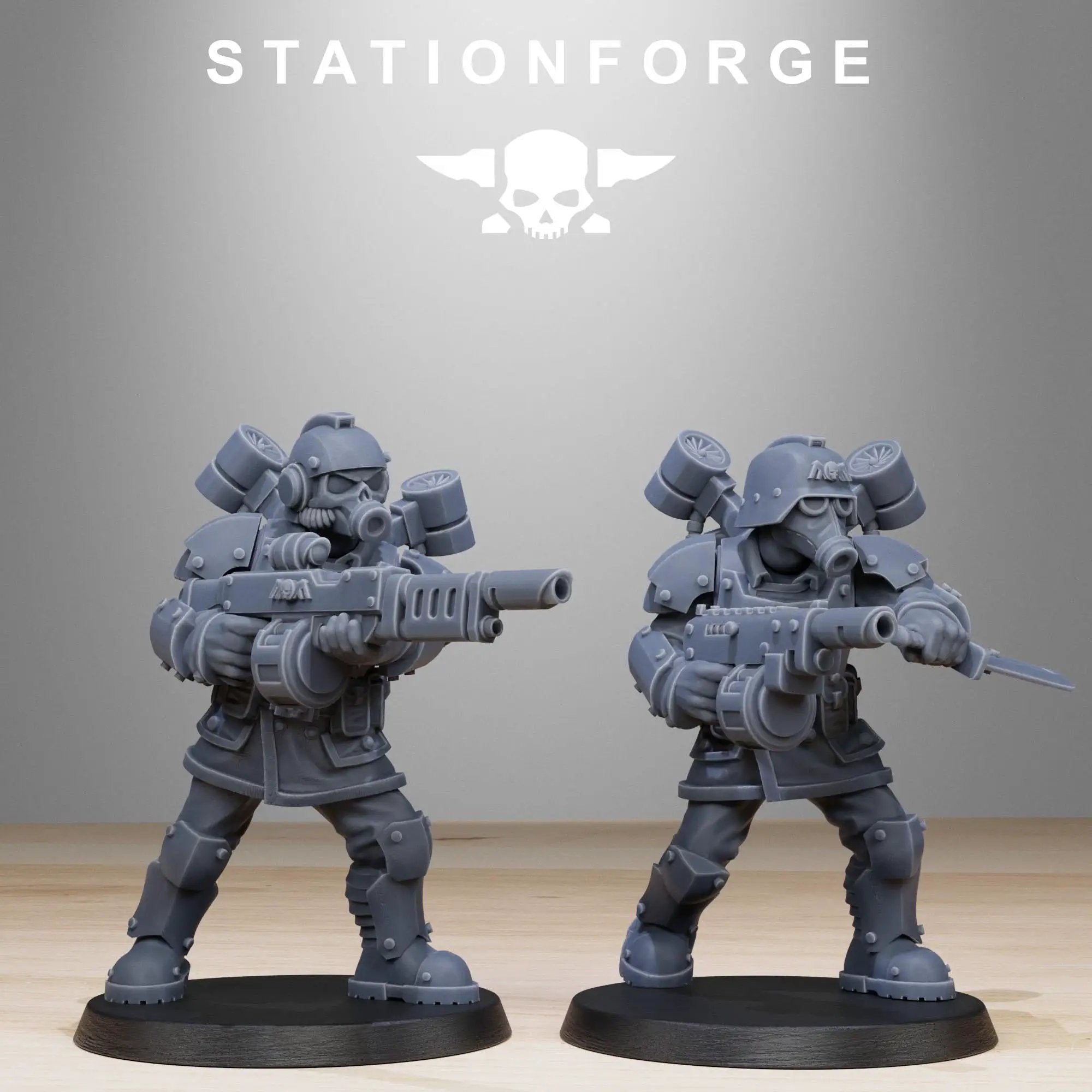 3D printed GrimGuard Aerotroops miniatures by StationForge for Last Hope Miniatures, showcasing detailed military figures.