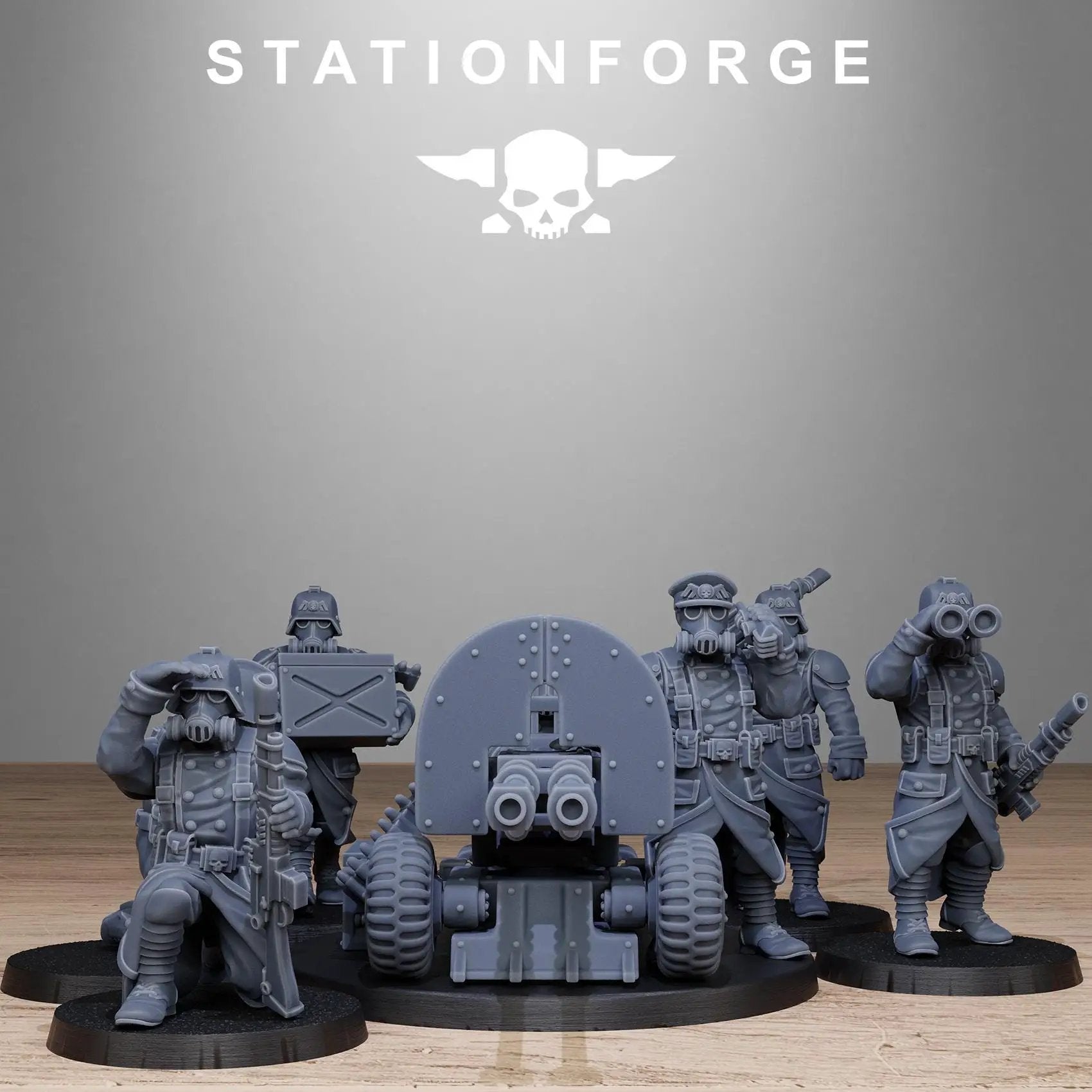 3D printed GrimGuard battle weapons by StationForge Miniatures, detailed sci-fi weapon set for tabletop gaming.