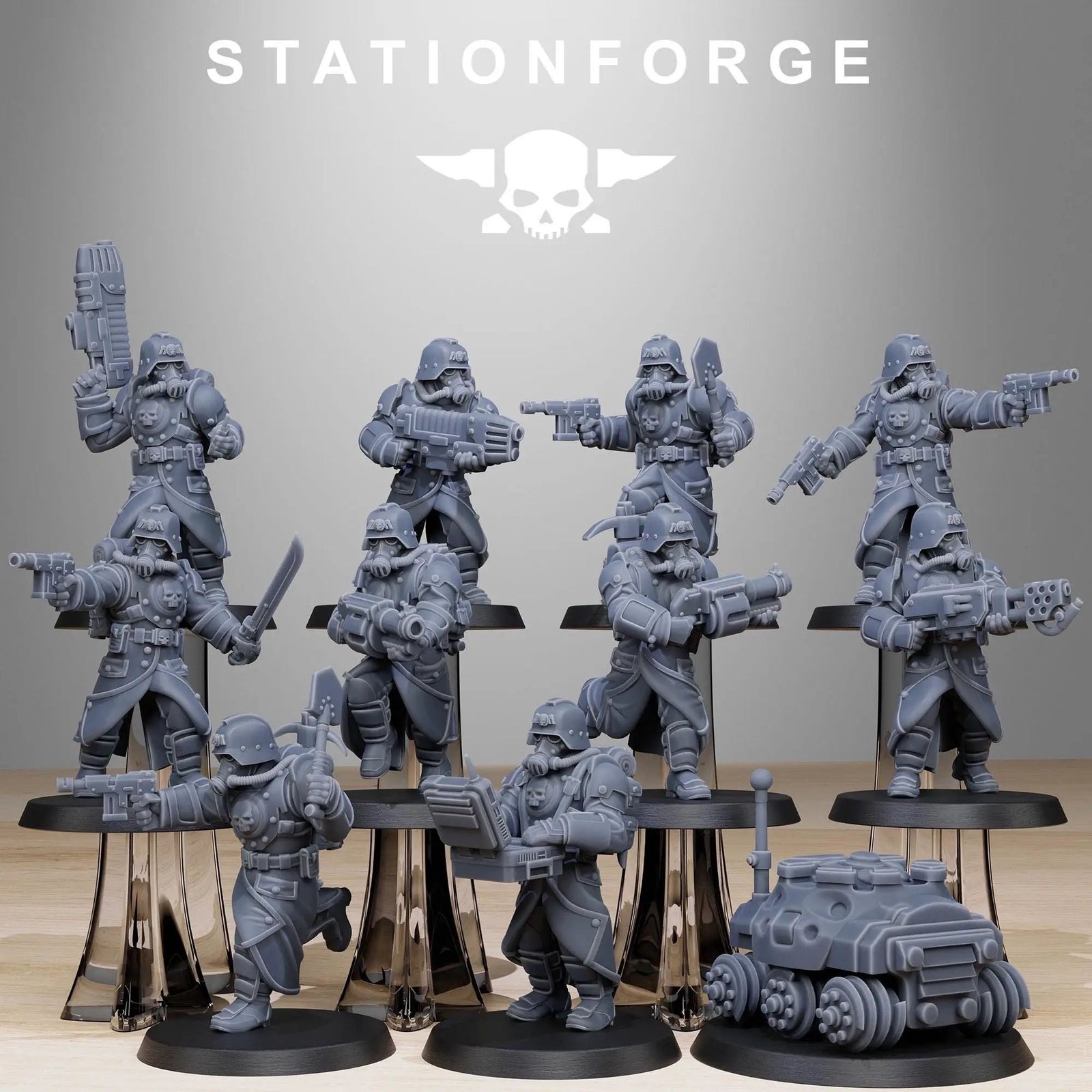 3D printed GrimGuard Bombardiers miniatures by Last Hope Miniatures, showing detailed sci-fi soldiers with armor and weaponry.