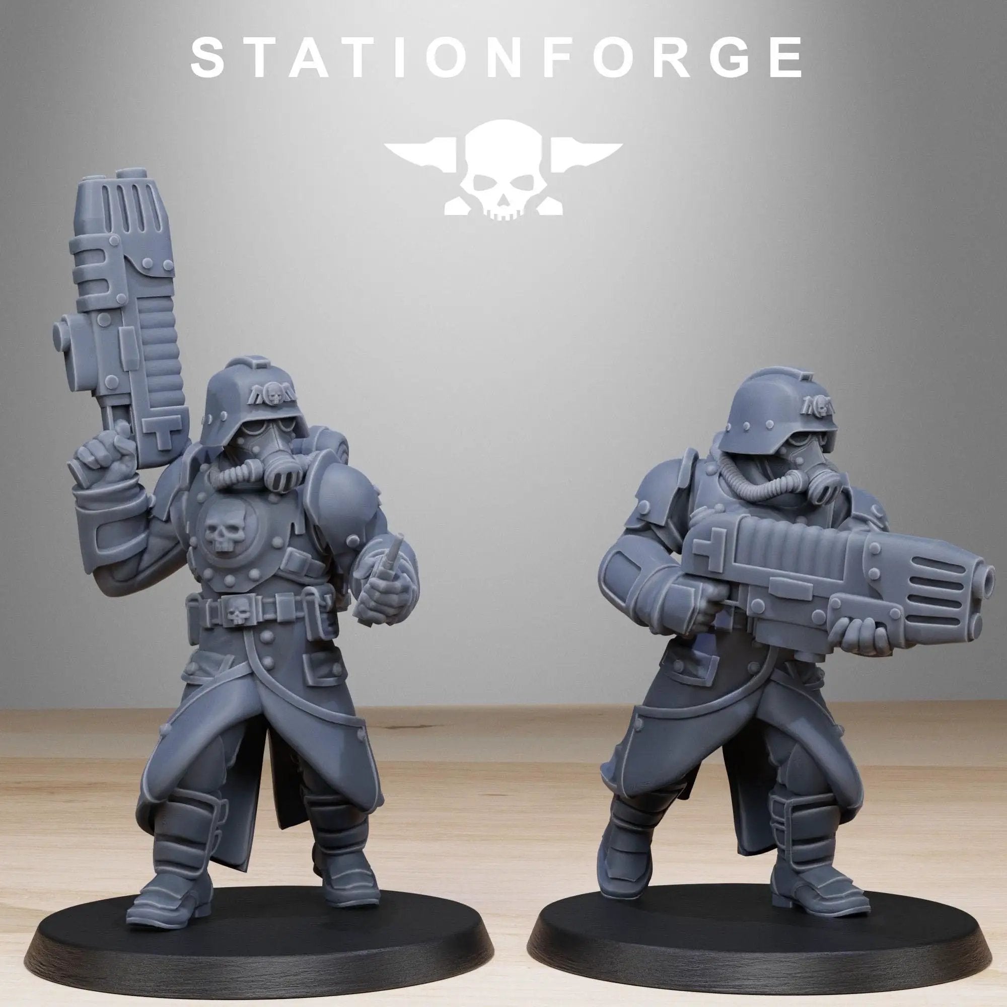 3D printed GrimGuard Bombardiers miniatures by Last Hope Miniatures from StationForge, featuring detailed fantasy soldier figures.