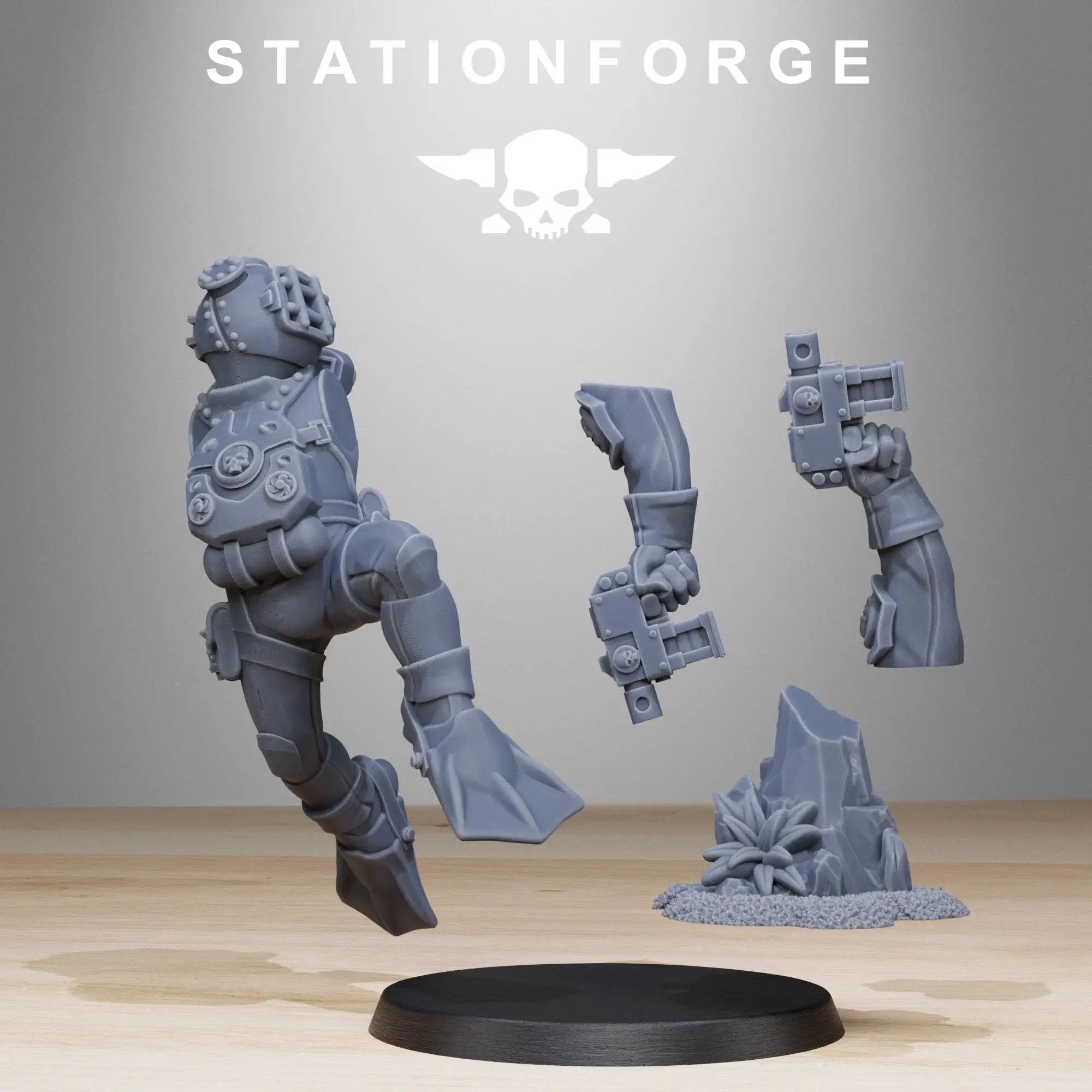 3D printed GrimGuard Combat Divers miniatures by Last Hope Miniatures, featuring detailed underwater combat gear and combat poses.