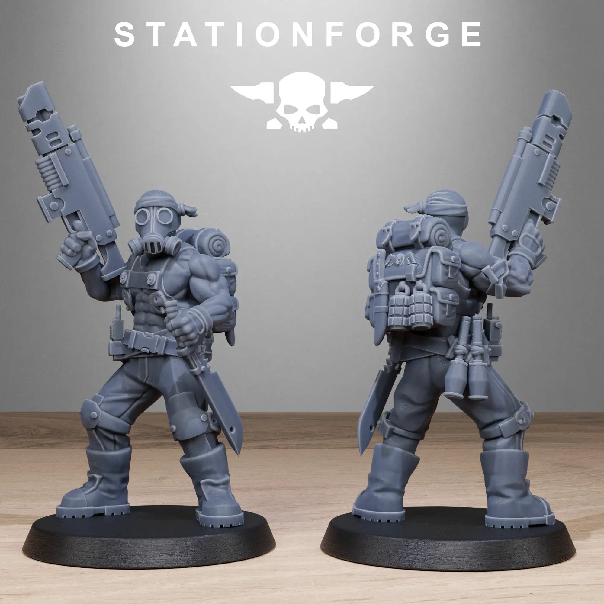 Four 3D printed GrimGuard Jungle Fighters miniatures by StationForge Miniatures, featuring detailed armor and weapons in a jungle setting.