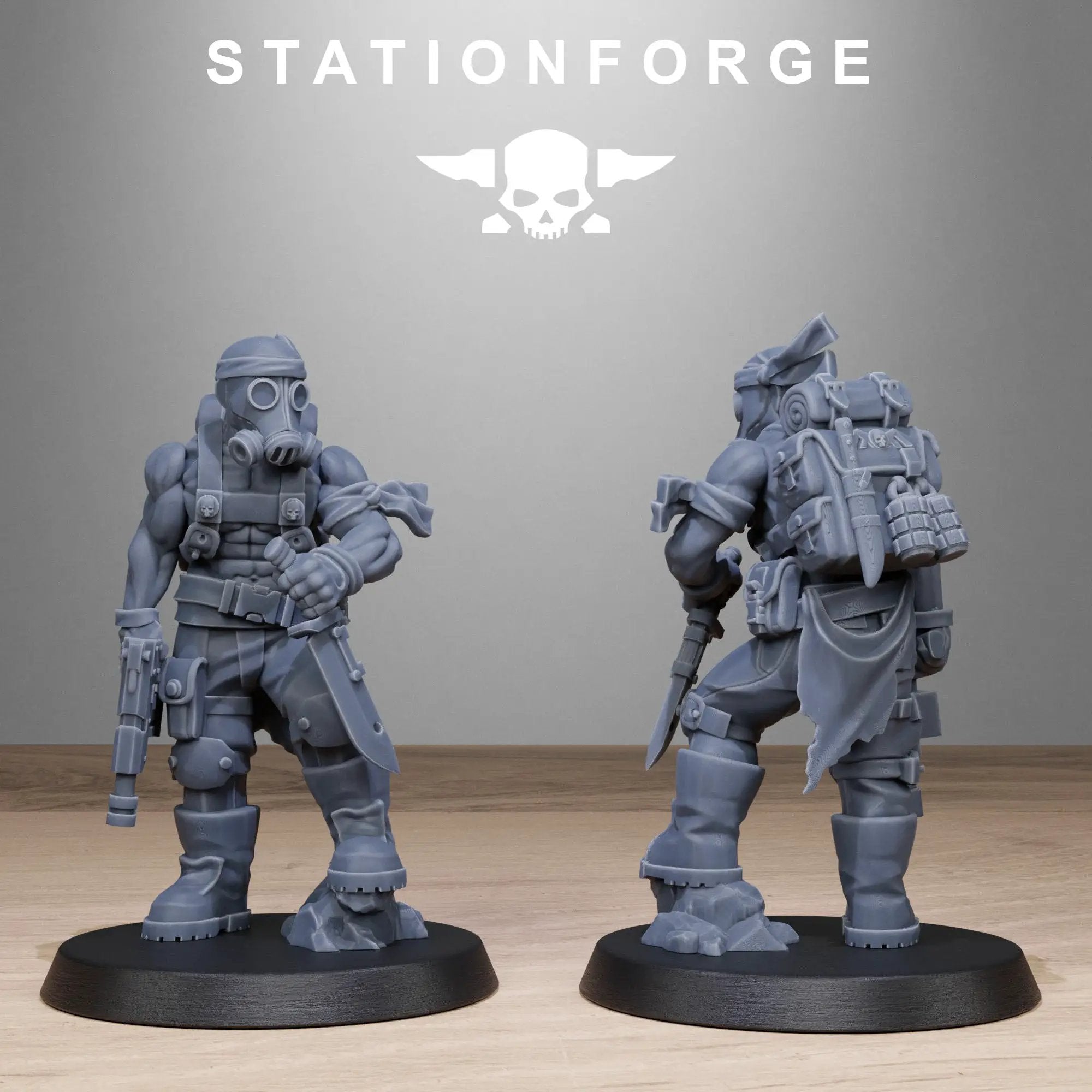 3D printed GrimGuard Jungle Fighters miniatures by StationForge Miniatures, featuring detailed jungle combat armor.