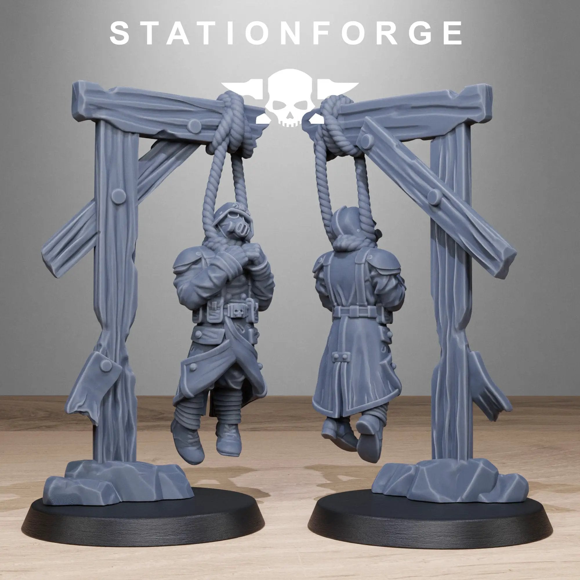 3D printed GrimGuard Objective Markers by Last Hope Miniatures for Stationforge Miniatures, featuring detailed skull and weapon designs.