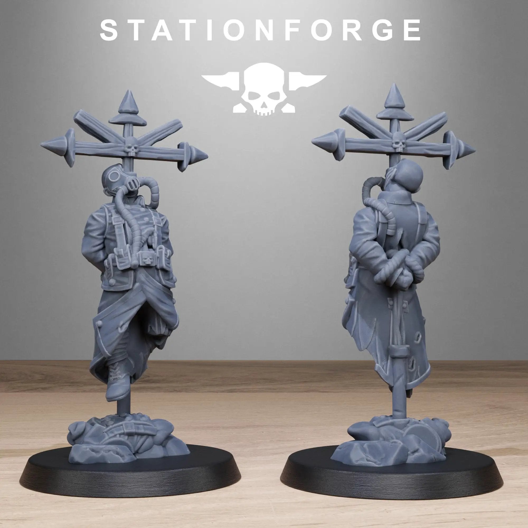 Three 3D printed GrimGuard Objective Markers by Last Hope Miniatures for Stationforge Miniatures, featuring detailed grim reaper designs.