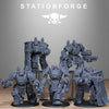 Five 3D printed GrimGuard Power Armor miniatures by StationForge Miniatures for Last Hope Miniatures, detailed armored figures.