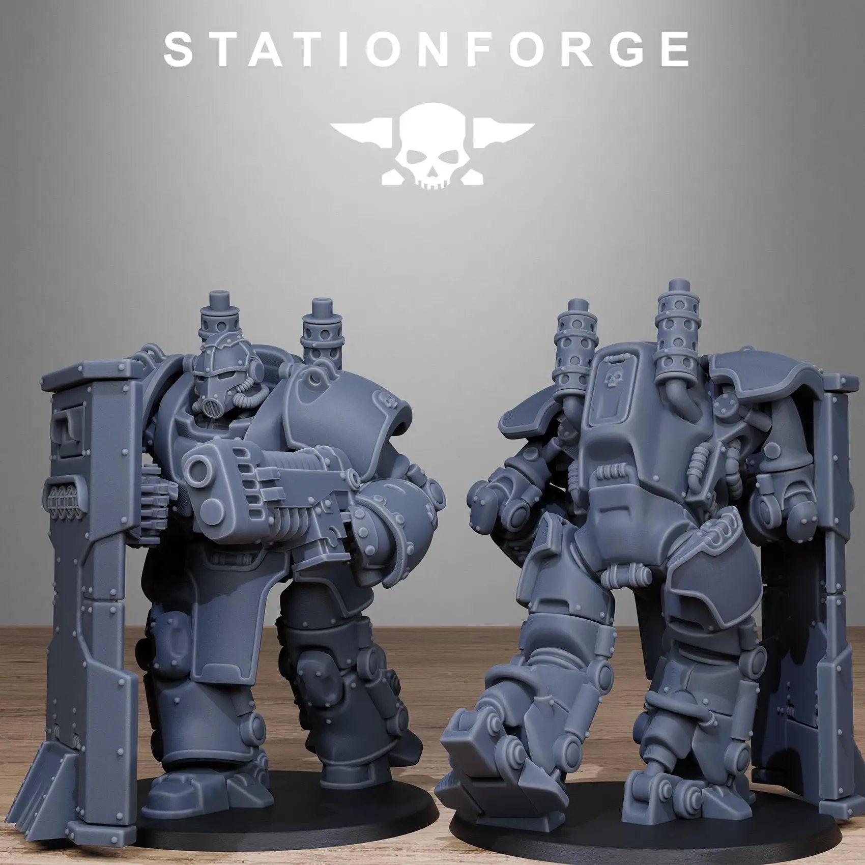Five 3D printed GrimGuard Power Armor models by StationForge Miniatures, featuring detailed futuristic combat armor.