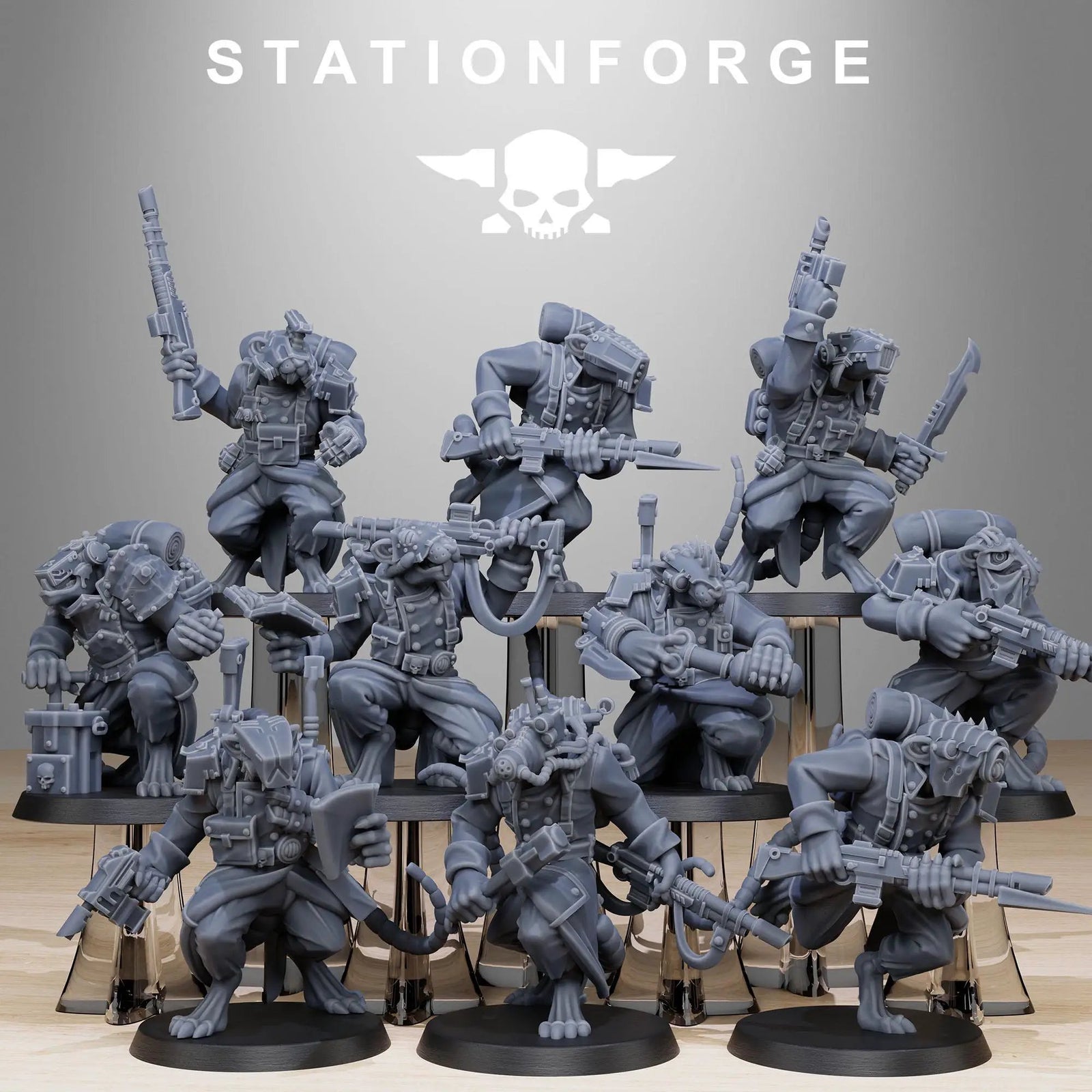 3D printed GrimGuard Raticus miniature by StationForge Miniatures, detailed rat-like creature with armor and weapon, from Last Hope Miniatures.