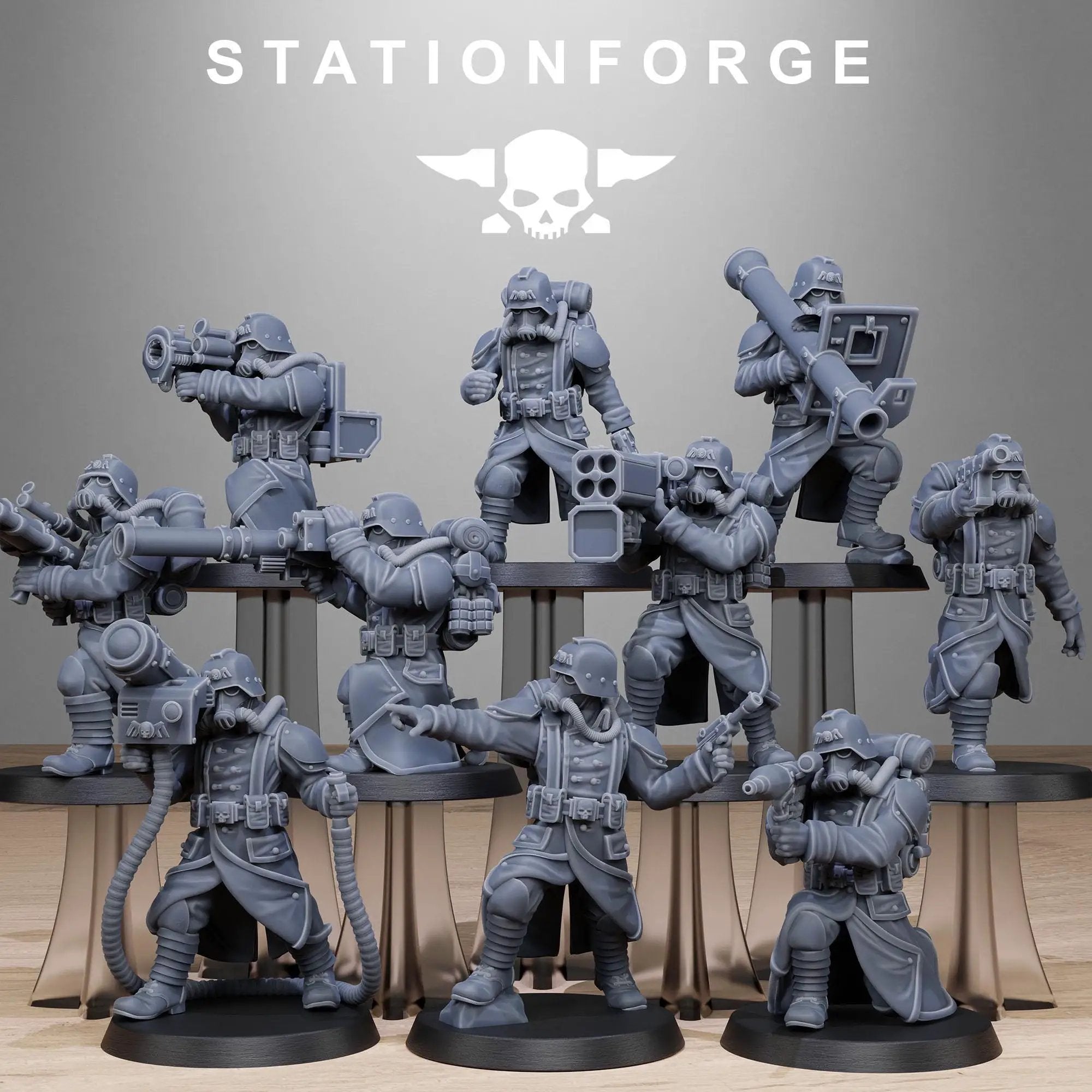 3D printed GrimGuard Rocketeers miniature by Last Hope Miniatures, detailed sci-fi soldiers in combat gear from StationForge Miniatures