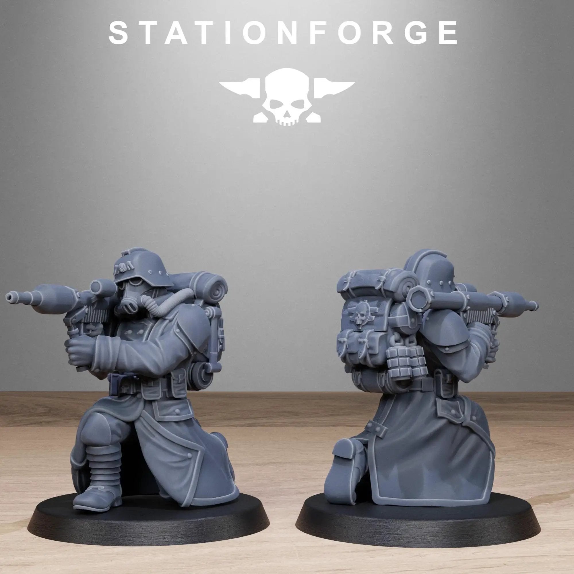 3D printed GrimGuard Rocketeers miniature by StationForge Miniatures, featuring detailed military figures with rocket weapons.