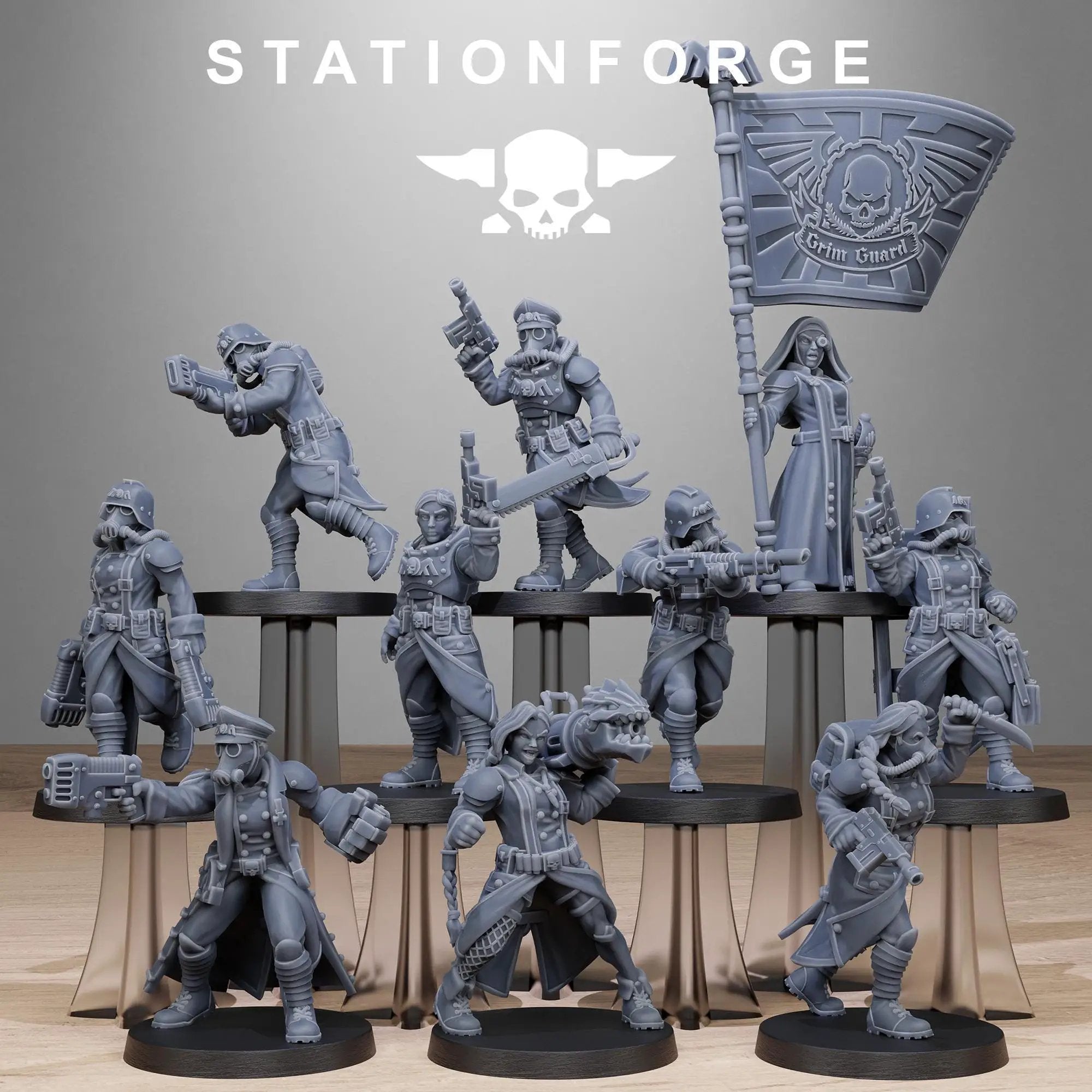 3D printed GrimGuard Sisters miniatures by StationForge Miniatures, featuring detailed armor and fierce poses.
