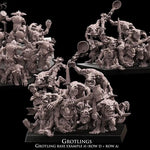 3D printed Grotlings Regiment miniatures by Avatars of War, detailed green-skinned orc-like figures for tabletop gaming, made by Last Hope Miniatures