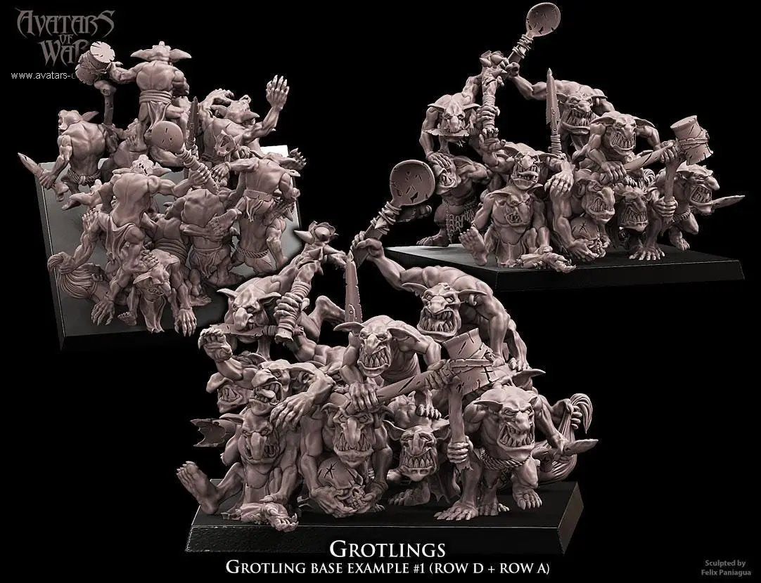 3D printed Grotlings Regiment miniatures by Avatars of War, detailed green-skinned orc-like figures for tabletop gaming, made by Last Hope Miniatures