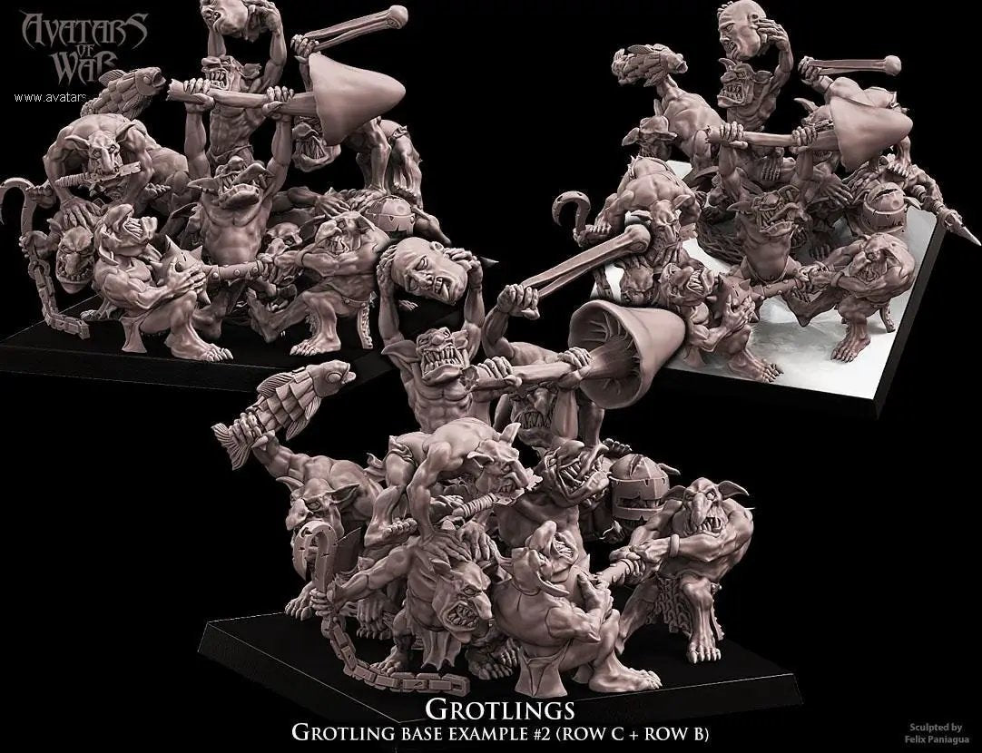 3D printed Grotlings Regiment miniature by Last Hope Miniatures for Avatars of War, detailed orc-like fantasy soldiers.