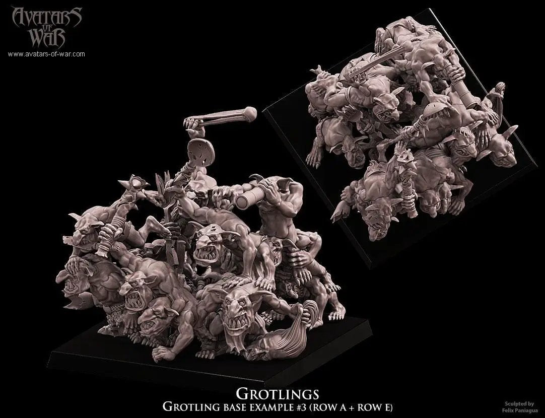 3D printed Grotlings Regiment by Avatars of War, miniature figures with detailed green goblin-like characters, by Last Hope Miniatures.