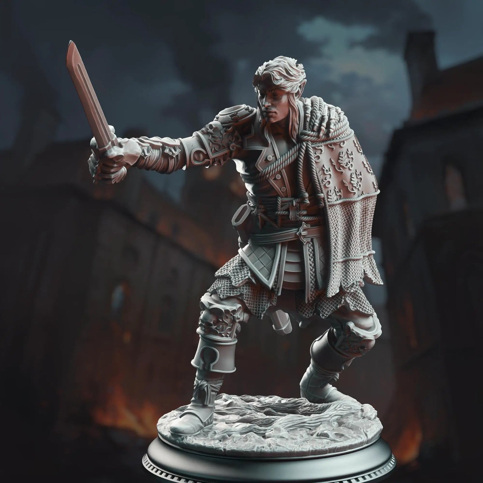 3D printed Half Elf Swashbuckler miniature by Last Hope Miniatures for D&D, detailed fantasy character with sword and shield.
