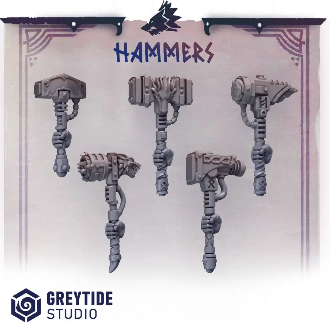 Set of ten 3D printed hammers by Last Hope Miniatures from Greytide Studio, detailed miniature tools for tabletop gaming.