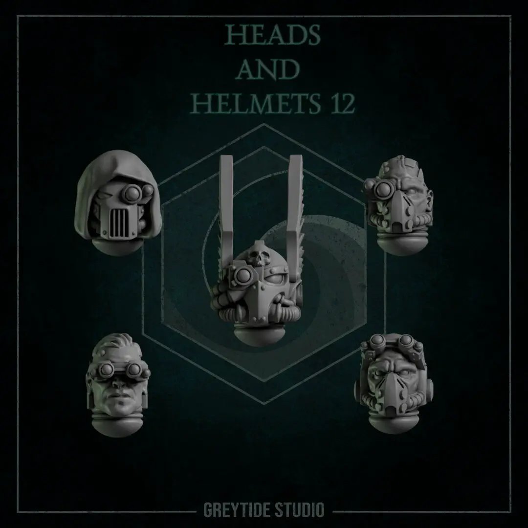Set of 10 3D printed heads and helmets by Last Hope Miniatures from Greytide Studio, featuring detailed miniature accessories.