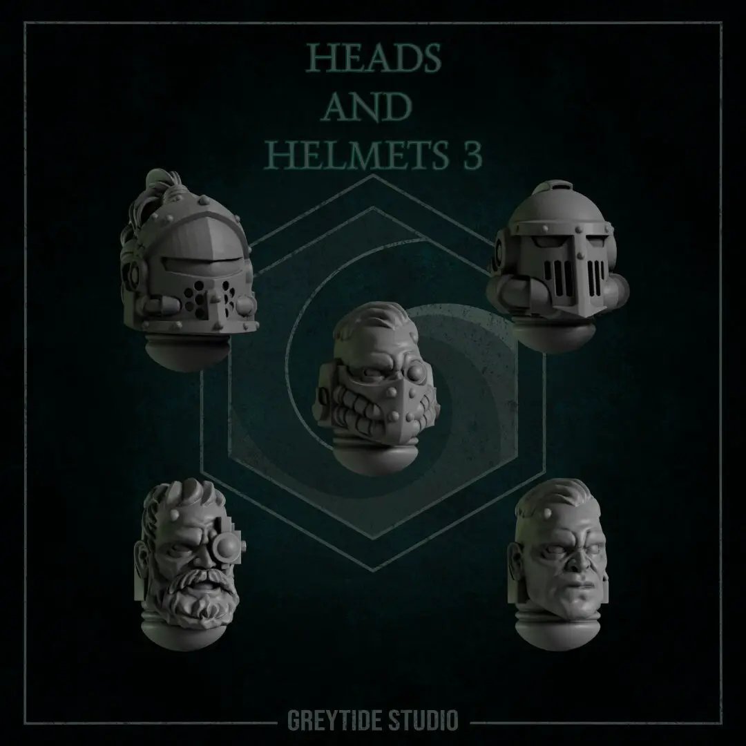 Set of 10 3D printed heads and helmets from Last Hope Miniatures by Greytide Studio, featuring detailed sci-fi and fantasy designs.