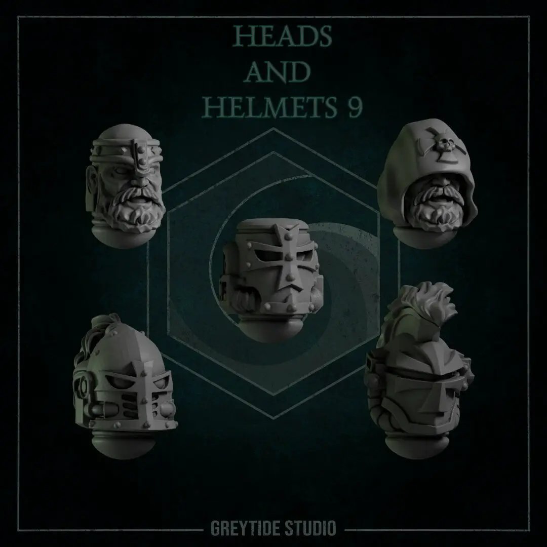 Set of 10 3D printed heads and helmets by Last Hope Miniatures for tabletop gaming, detailed miniature accessories by Greytide Studio
