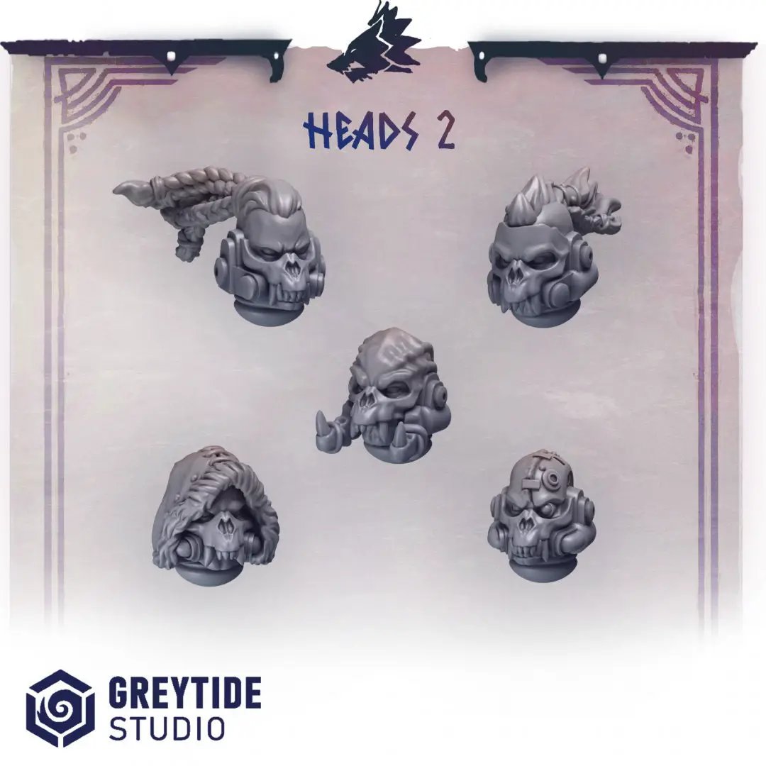 Set of 10 3D printed miniature heads by Last Hope Miniatures for tabletop gaming, featuring detailed sculpting from Greytide Studio.