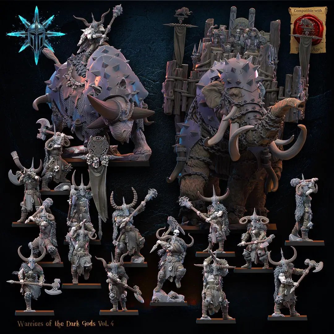 3D printed Heavy Weapon Barbarian Command Group by Lost Kingdom Miniatures, featuring detailed miniature figures in combat poses.