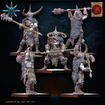 Ten 3D printed Heavy Weapon Barbarian Regiment miniatures by Lost Kingdom Miniatures, detailed fantasy soldier figures.