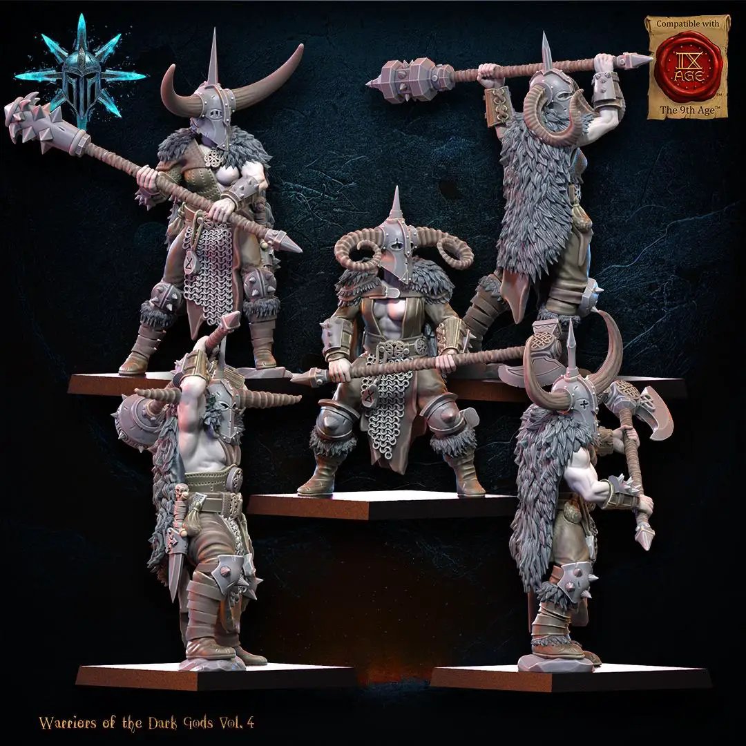 Ten 3D printed Heavy Weapon Barbarian Regiment miniatures by Lost Kingdom Miniatures, detailed fantasy soldier figures.