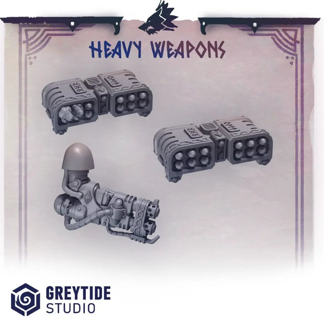 Six 3D printed heavy weapons by Greytide Studio for Last Hope Miniatures, detailed and realistic with intricate design features.