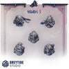 Set of ten 3D printed helmets by Last Hope Miniatures for tabletop gaming, featuring detailed designs from Greytide Studio.