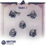 Set of ten 3D printed helmets by Last Hope Miniatures for tabletop gaming, featuring detailed designs from Greytide Studio.
