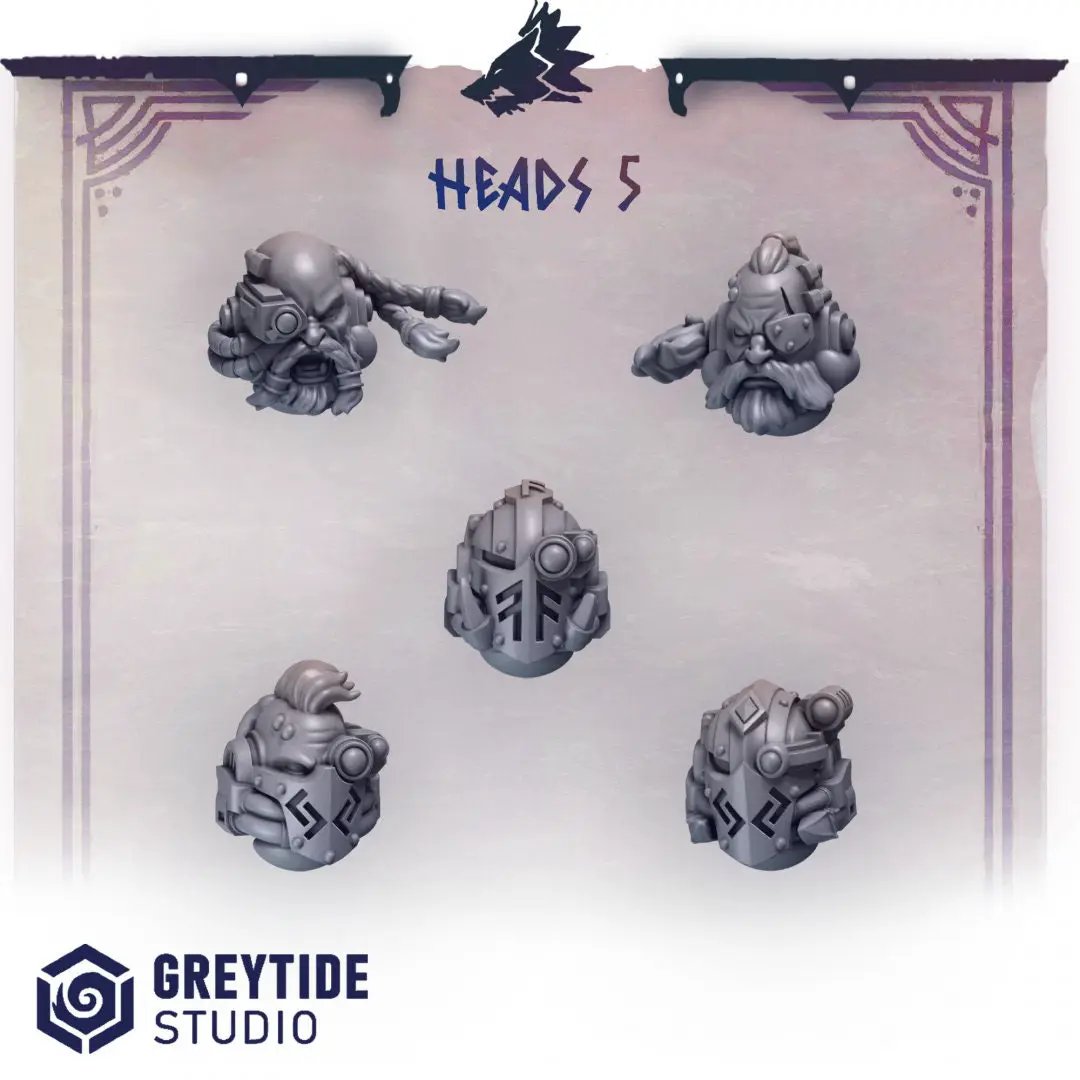 Set of ten 3D printed helmets by Last Hope Miniatures for tabletop gaming, featuring detailed designs from Greytide Studio.