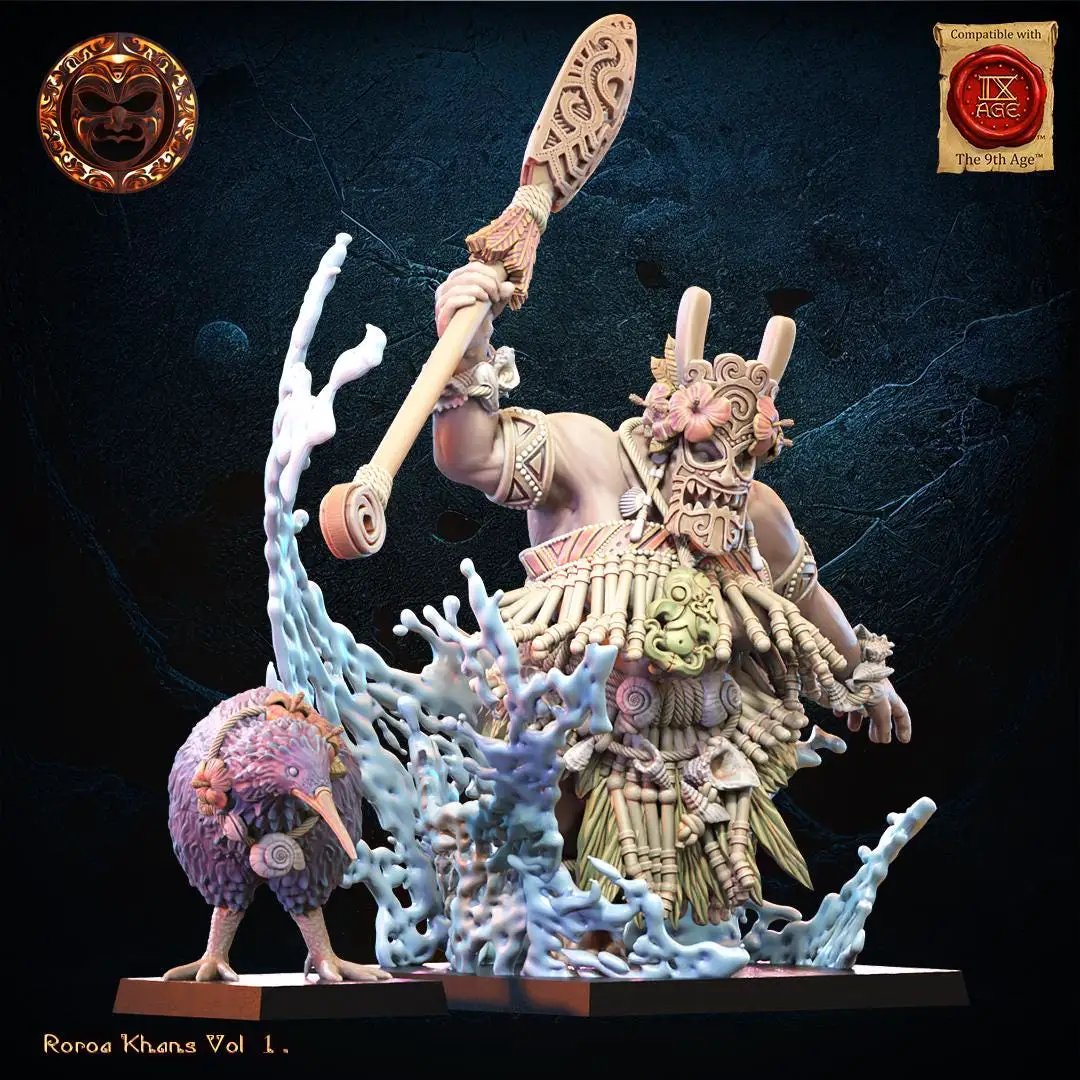 3D printed Hinewai Tohunga with Familiar from Lost Kingdom Miniatures, detailed miniature figure on a base.