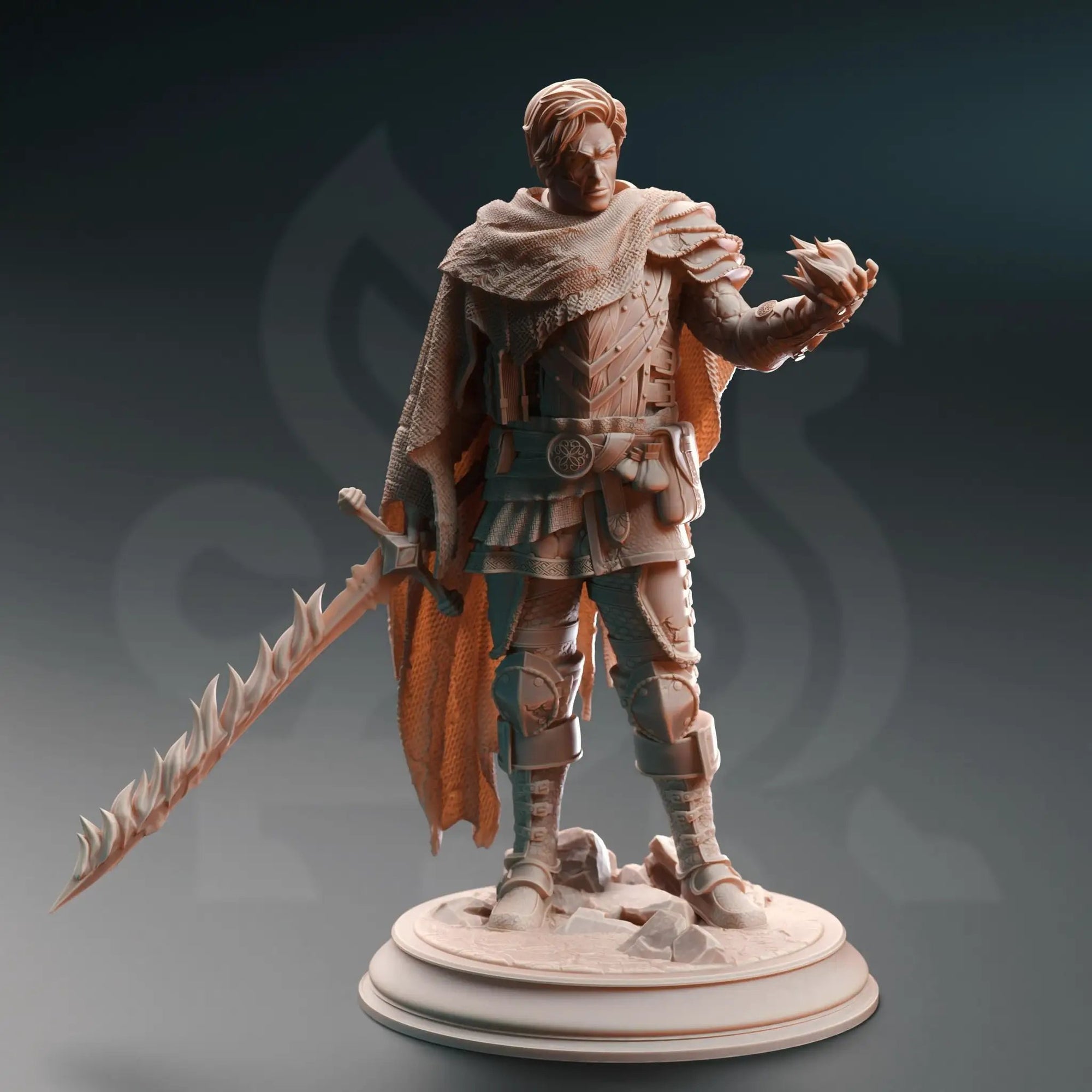 3D printed human psionic spellsword miniature by Last Hope Miniatures, featuring detailed armor and mystical energy effects.