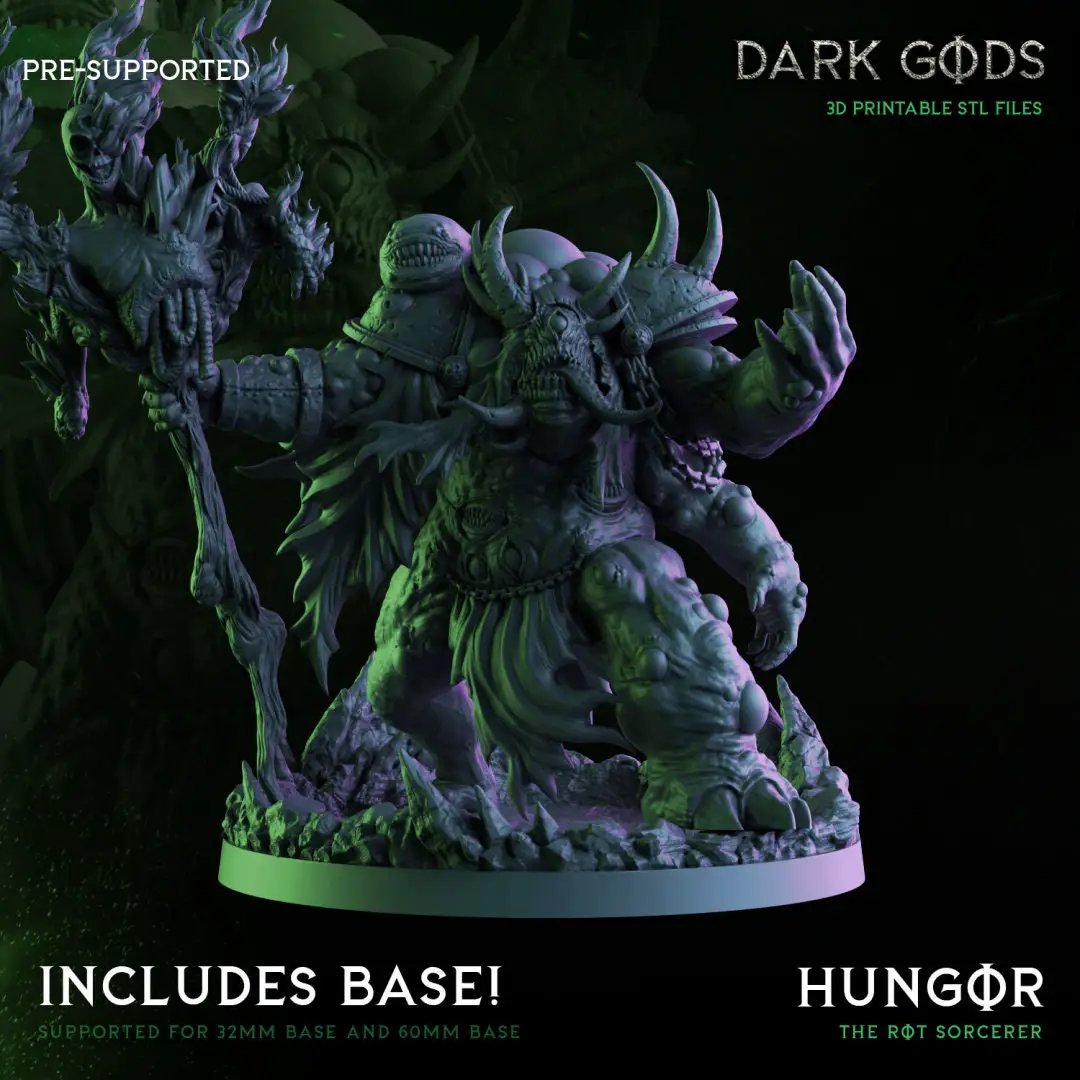 3D printed Hungor the Rot Sorcerer figure from Dark Gods Miniatures by Last Hope Miniatures, showcasing detailed dark fantasy character art